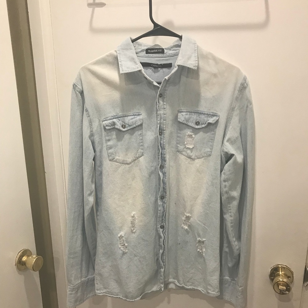 Distressed denim button up